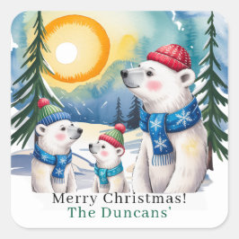 Pegatina Cuadrada Navidades de la familia Winter Polar Bear
