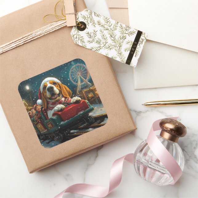 Pegatina Cuadrada Navidades de la montaña rusa de los rollos de perr (Regalar)