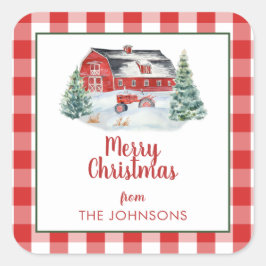Pegatina Cuadrada Navidades de la nieve del camión de la granja rusa