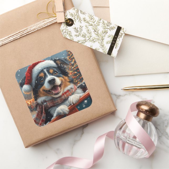 Pegatina Cuadrada Navidades de la Pascua de Roller de Perro de Pasto (Regalar)