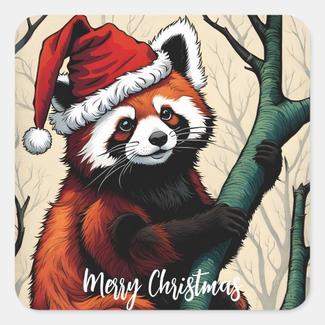 Pegatina Cuadrada Navidades de la sucursal del árbol del panda rojo (Anverso)