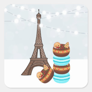 Pegatina Cuadrada Navidades de la Torre Eiffel y de los Macarons de 