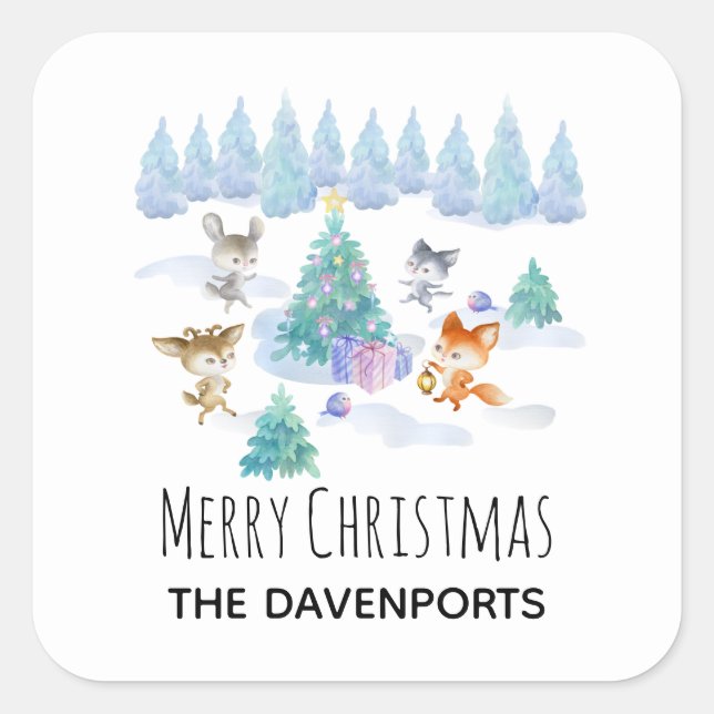Pegatina Cuadrada Navidades de los animales del bosque bailando acua (Anverso)