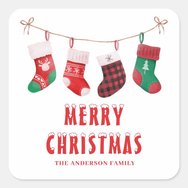 Pegatina Cuadrada Navidades de los "Cute Red Green Stocking" (Anverso)