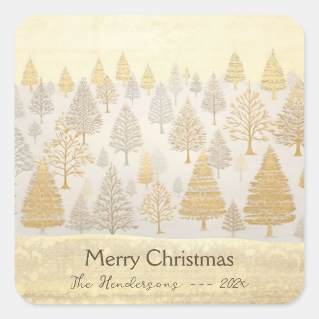 Pegatina Cuadrada Navidades de los Pinos Plateados Oro (Anverso)