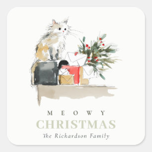 Pegatina Cuadrada Navidades de Meowy de color acuático moderno lindo