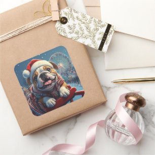 Pegatina Cuadrada Navidades de montaña rusa de bulldog