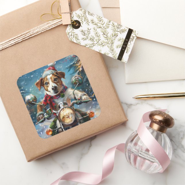 Pegatina Cuadrada Navidades de moto de Jack Russell Dog Riding (Regalar)