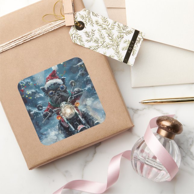 Pegatina Cuadrada Navidades de motocicleta Affenpinscher Dog Riding (Regalar)