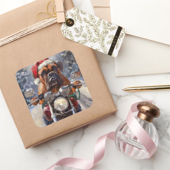 Pegatina Cuadrada Navidades de motocicleta Bullmastiff (Regalar)