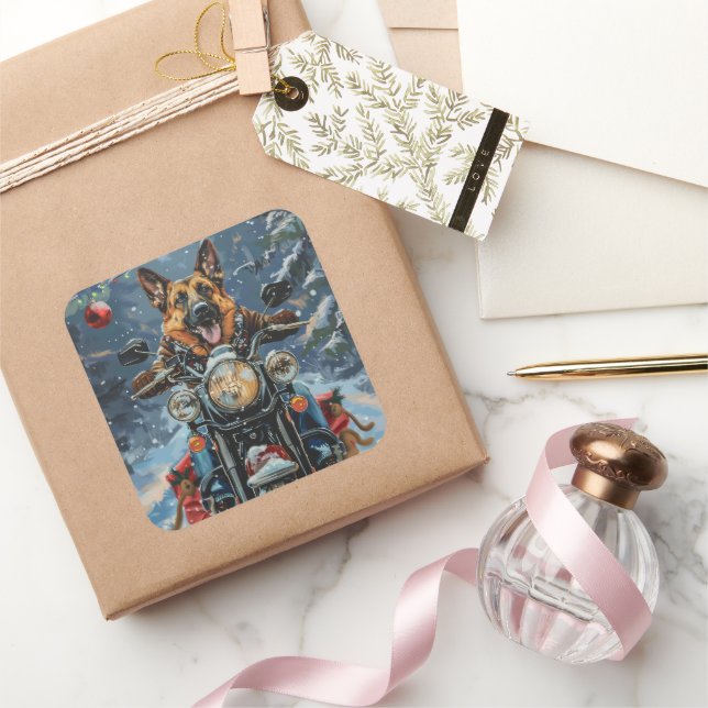 Pegatina Cuadrada Navidades de motocicleta de Pastor Alemán (Regalar)