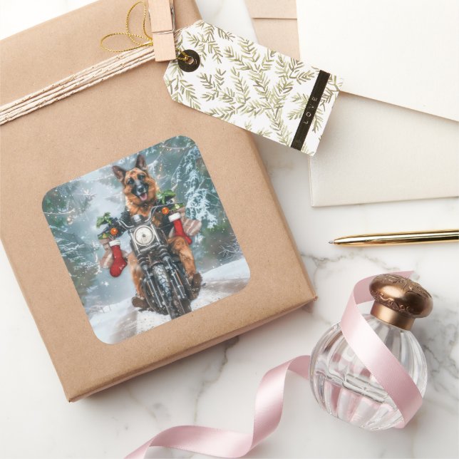 Pegatina Cuadrada Navidades de motocicleta de Pastor Alemán (Regalar)