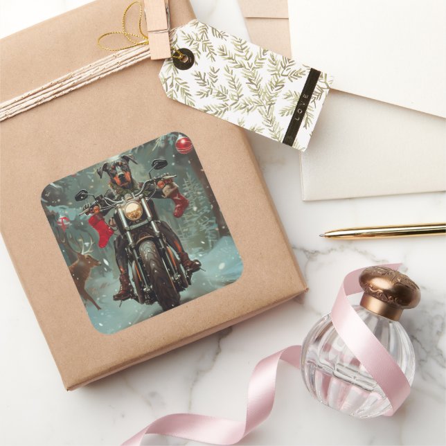 Pegatina Cuadrada Navidades de motocicleta Doberman Dog Riding (Regalar)