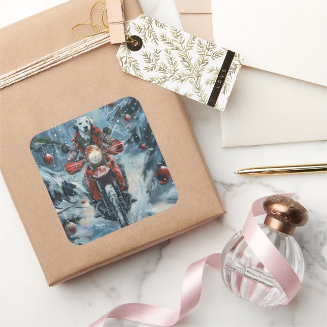 Pegatina Cuadrada Navidades de motociclismo de perros de Dalmacia (Regalar)