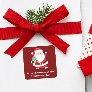 Pegatina Cuadrada Navidades de niños personalizados de Papá Noel Roj