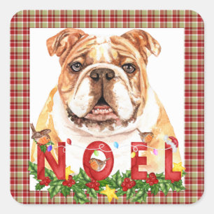 Pegatina Cuadrada Navidades de noel de Bulldog de acuarela