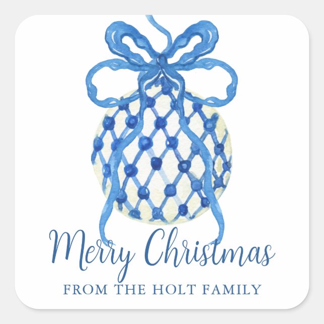 Pegatina Cuadrada Navidades de ornamentos de la orquesta azul acuare (Anverso)