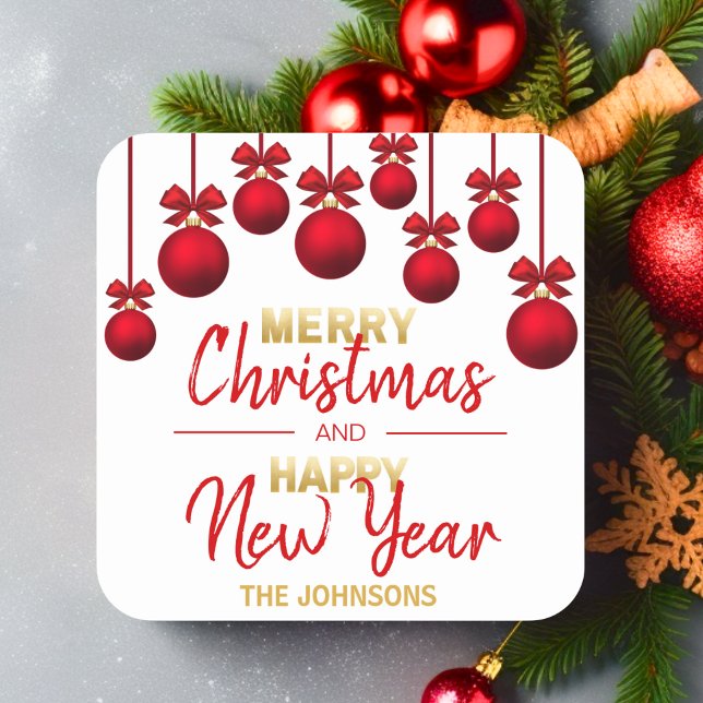 Pegatina Cuadrada Navidades de oro rojo personalizados Feliz Año Nue (Personalized Red Gold Christmas Happy New Year Square Sticker)