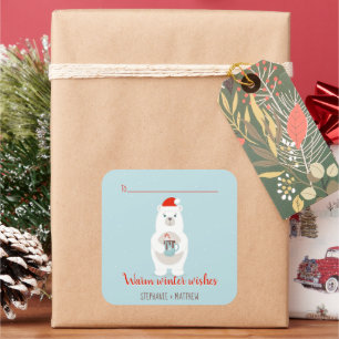 Pegatina Cuadrada Navidades de Oso Polar y Cacao Caliente