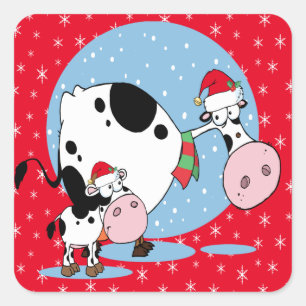 Pegatina Cuadrada Navidades De País Vacas Con Sombrero Santa