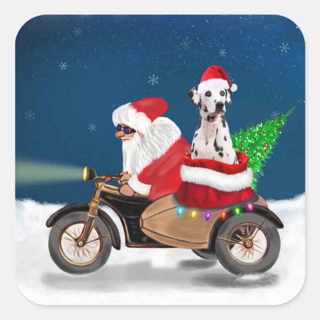 Pegatina Cuadrada Navidades de perro de Dalmacia Santa Claus (Anverso)