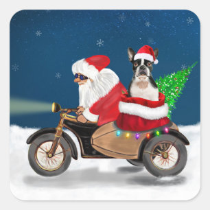 Pegatina Cuadrada Navidades de Perro Terrier de Boston Santa Claus