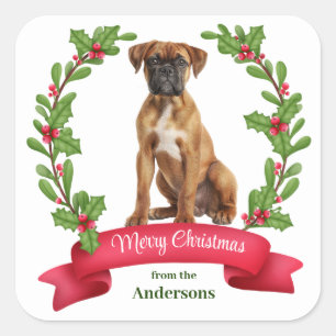 Pegatina Cuadrada Navidades de perros Boxer Berry Holly