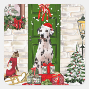 Pegatina Cuadrada Navidades de perros de Dalmacia
