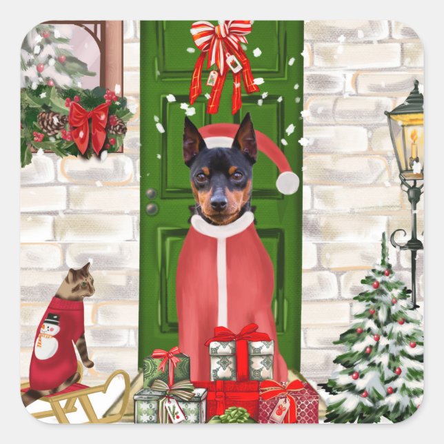Pegatina Cuadrada Navidades de Perros de Pinscher en miniatura (Anverso)
