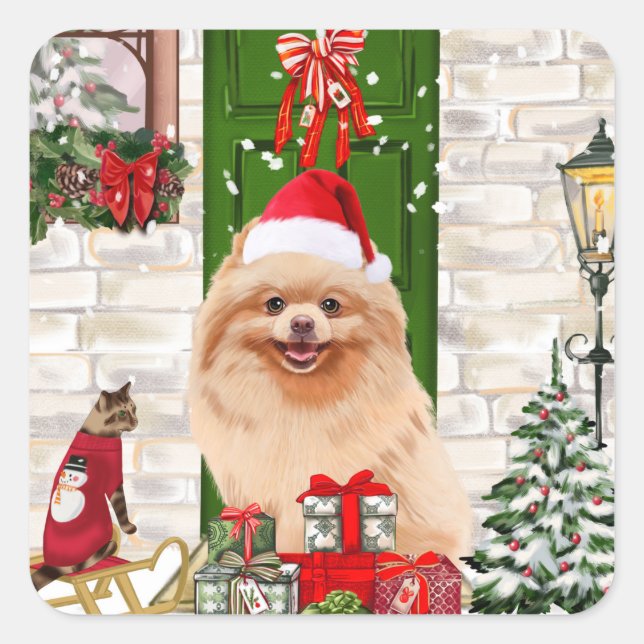 Pegatina Cuadrada Navidades de perros de Pomerania (Anverso)