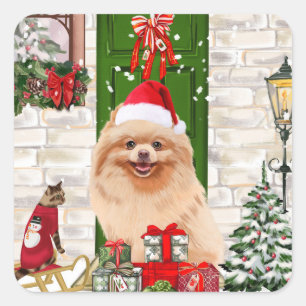 Pegatina Cuadrada Navidades de perros de Pomerania