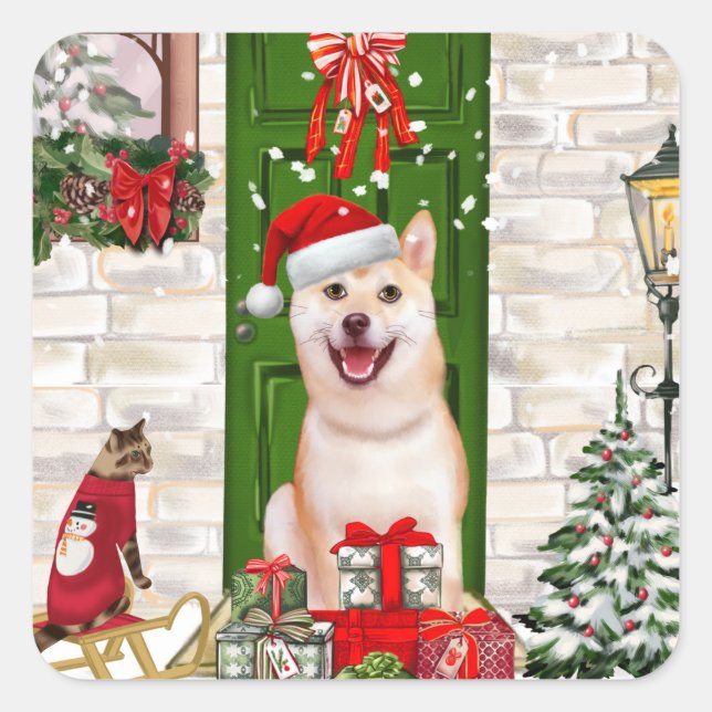 Pegatina Cuadrada Navidades de Perros de Shiba Inu (Anverso)