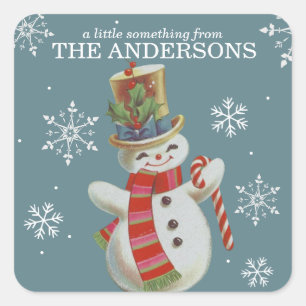 Pegatina Cuadrada Navidades de Personalizado de Snowman de cute vint