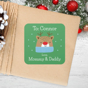 Pegatina Cuadrada Navidades de Personalizados de renos verdes y rojo