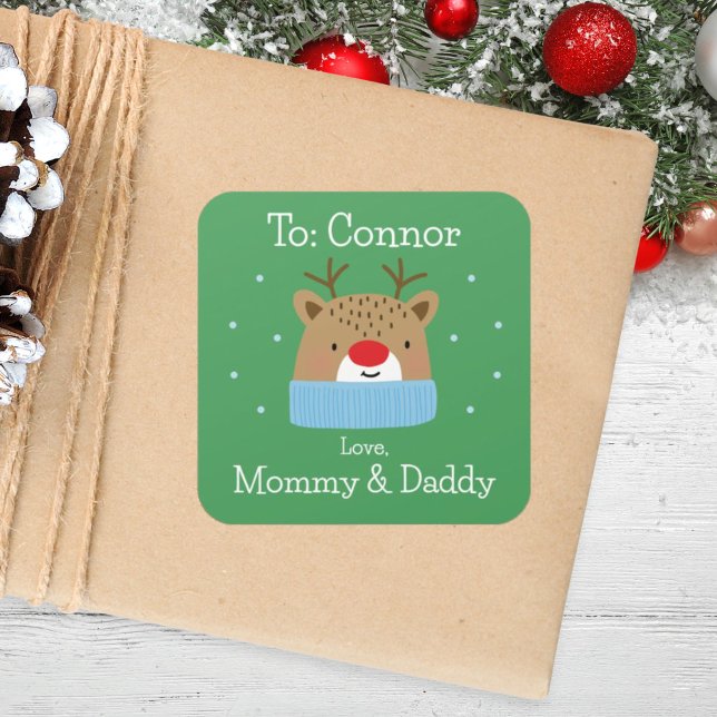 Pegatina Cuadrada Navidades de Personalizados de renos verdes y rojo (Subido por el creador)