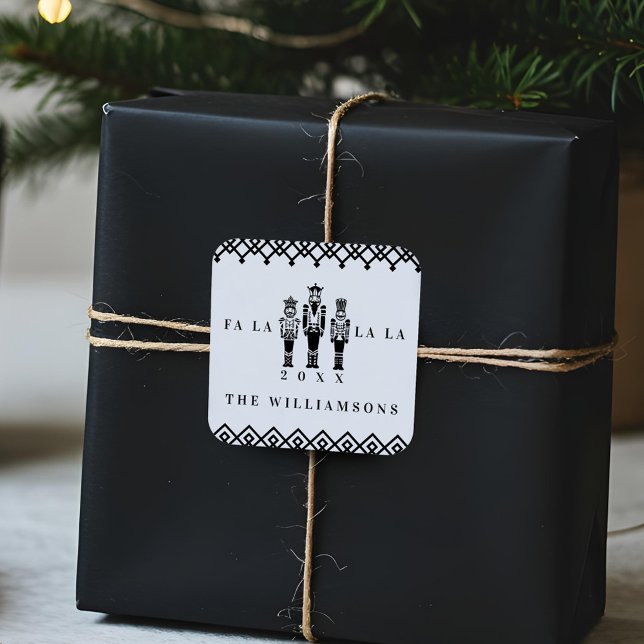 Pegatina Cuadrada Navidades de petardos de patrón negro y blanco de  (Black & White Trendy Pattern Nutcracker Christmas Square Sticker)