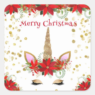 Pegatina Cuadrada Navidades de Poinsettia Unicornio a favor del Part