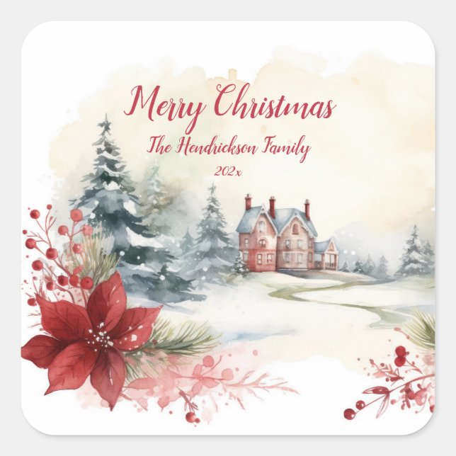 Pegatina Cuadrada Navidades de Poinsettias Rojas de Pinos Verdes (Anverso)