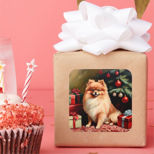 Pegatina Cuadrada Navidades de Pomerania (Fiesta)