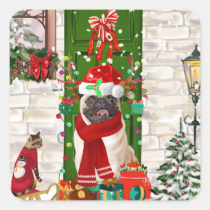 Pegatina Cuadrada Navidades de pug Dog