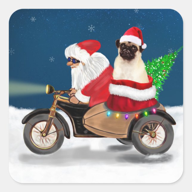 Pegatina Cuadrada Navidades de pug Dog Santa Claus (Anverso)