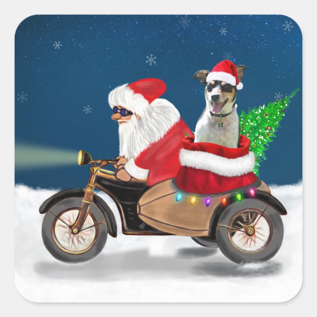 Pegatina Cuadrada Navidades de Rat Terrier Dog Santa Claus (Anverso)