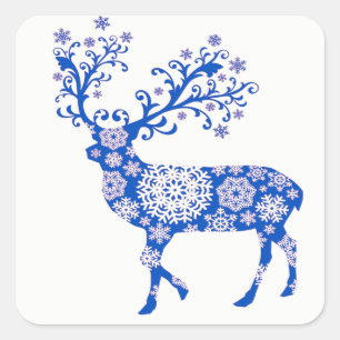 Pegatina Cuadrada Navidades de renos de copo de nieve azul