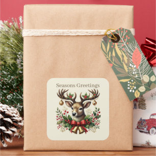 Pegatina Cuadrada Navidades de renos de Seasons Greetings añaden tex