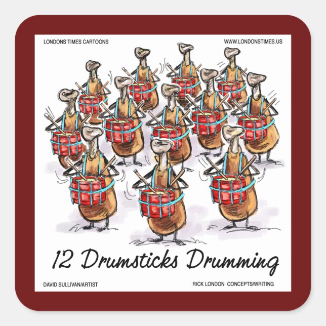 Pegatina Cuadrada Navidades de Rick London "12 Drumsticks Drumming" (Anverso)