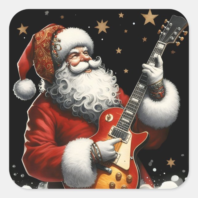 Pegatina Cuadrada Navidades de rock sintonizan con guitarra de Santa (Anverso)