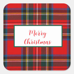 Pegatina Cuadrada Navidades de Royal Stewart MERRY XMAS Plaid Wreath