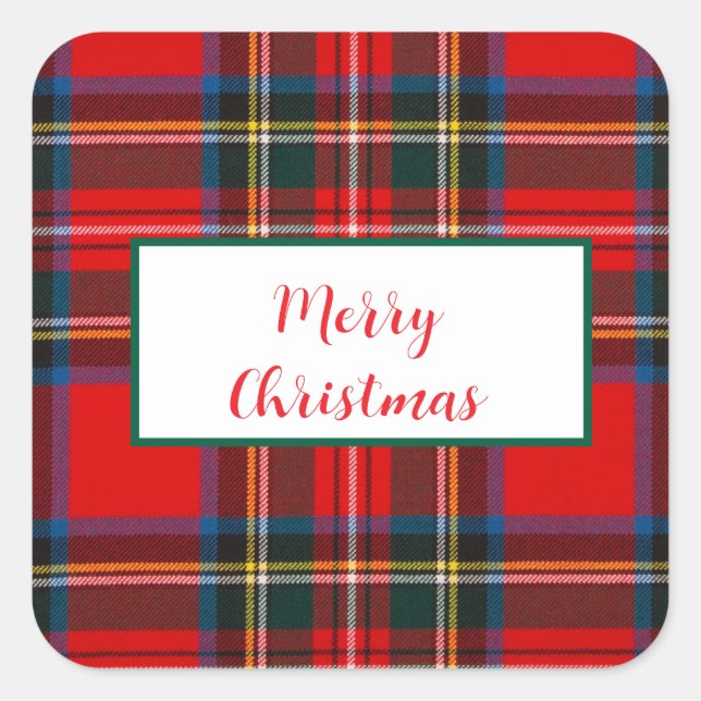 Pegatina Cuadrada Navidades de Royal Stewart MERRY XMAS Plaid Wreath (Anverso)