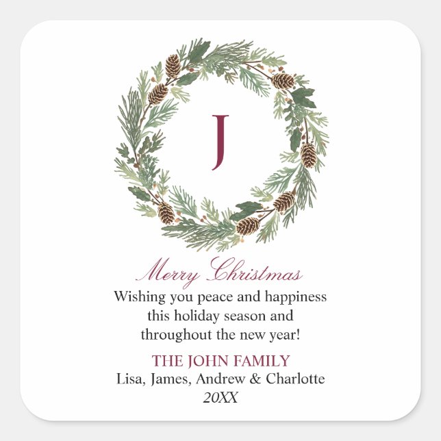 Pegatina Cuadrada Navidades de Rustic Pine Wreath (Anverso)