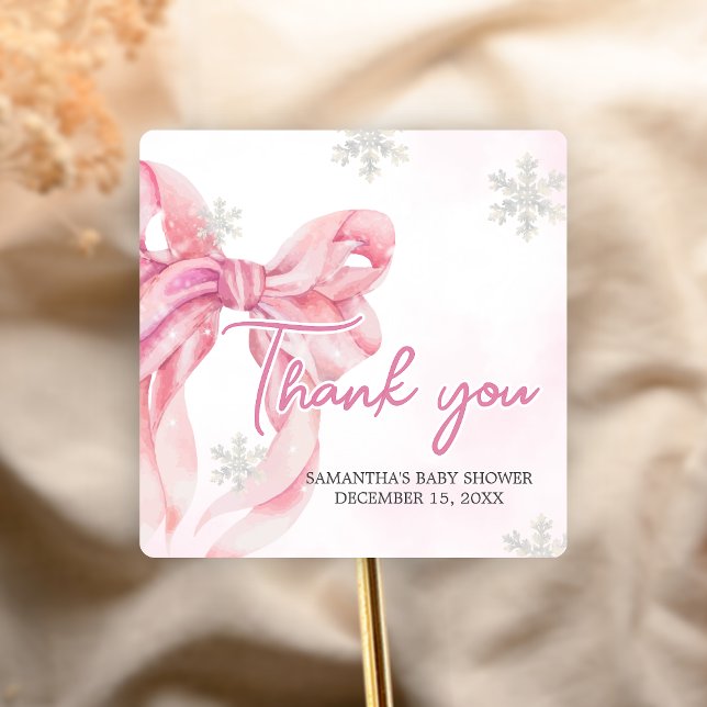 Pegatina Cuadrada Navidades de Santa Bebé Baby Shower (Pink Coquette Winter Baby Shower Sticker)